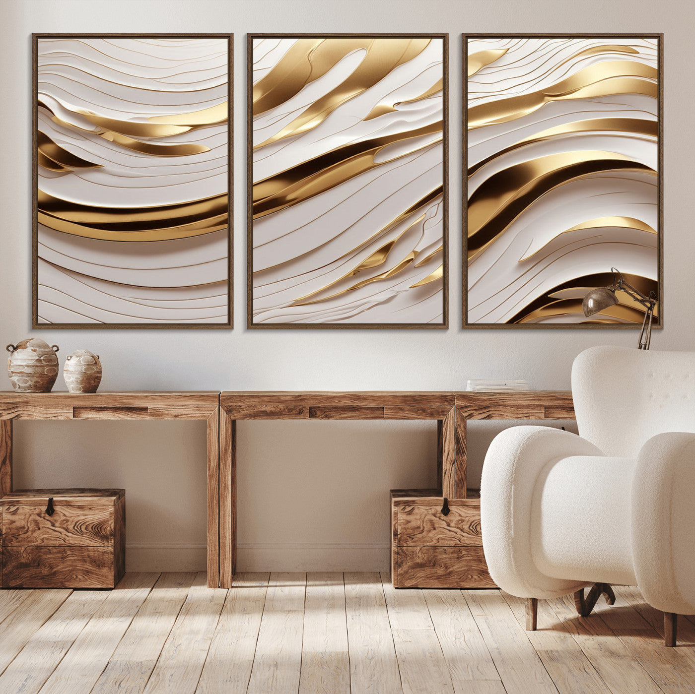 -Gold and White Abstract Wave Canvas – Elegant Flowing Design with Luxurious Golden Accents –
