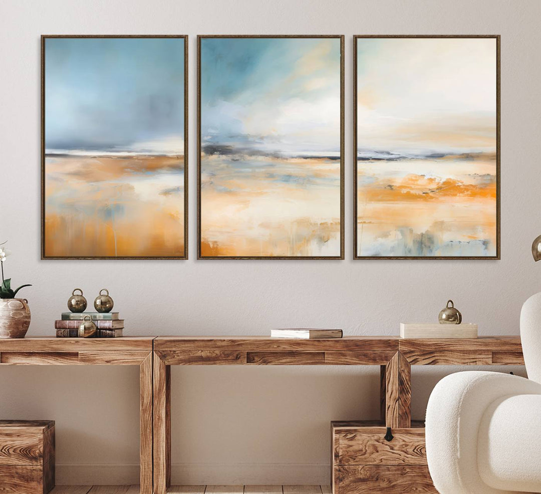 Abstract Landscape Wall Art in warm tones of orange and blue.