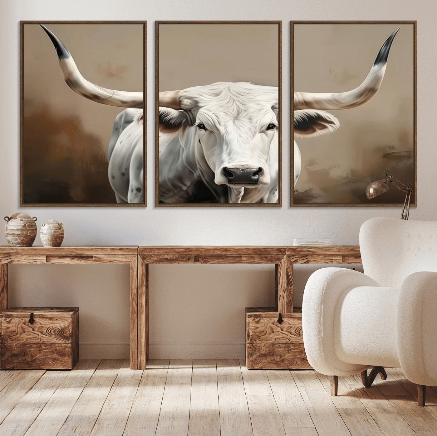 -White Longhorn Bull Wall Art Canvas Print – Framed and Ready to Hang – Perfect for Farmhouse and