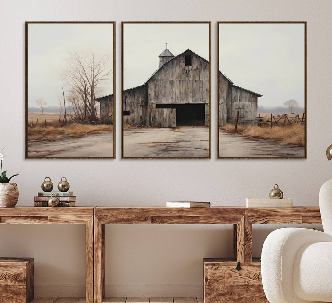 The Farmhouse Rustic Barn Wall Art Canvas Print, framed and ready to hang, enhances the farmhouse décor.