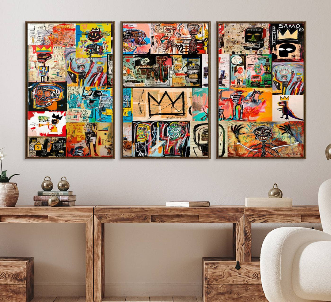 A Basquiat graffiti-style collage adorns the wall.