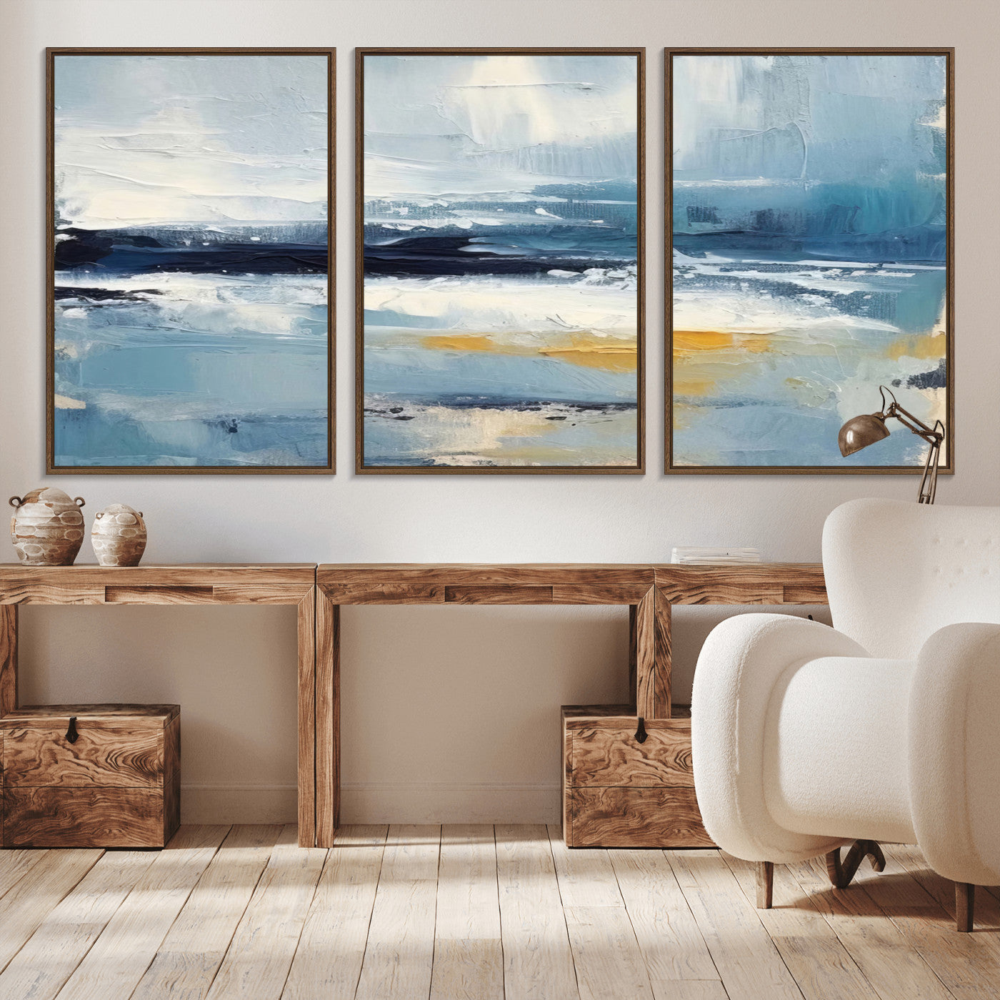 MGV-FC-60X30-3P - Abstract Ocean Canvas Wall Art - Coastal Blue and Gold Textured Painting, Modern Seascape Decor for Living Room Decor