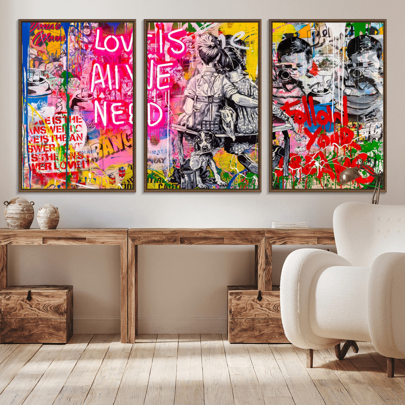 MGV-FC-60X30-3P - Follow Your Dreams & Love is All We Need Graffiti Street Art Triptych | Colorful Urban Wall Art