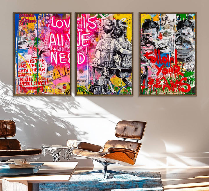 A vibrant and dynamic triptych features distorted horizontal lines, resembling graffiti street art. This artwork conveys the themes of "Follow Your Dreams" and "Love is All We Need" across three colorful panels.