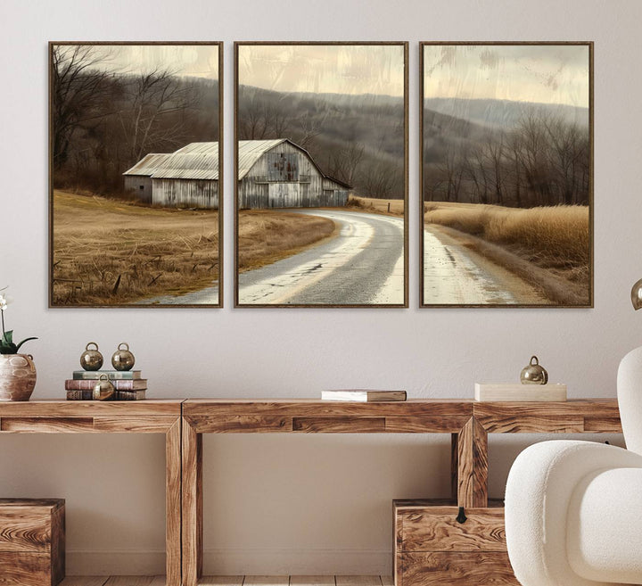 The wall exudes rustic charm, highlighted by the Vintage Barn Farmhouse Wall Decor Canvas Print.