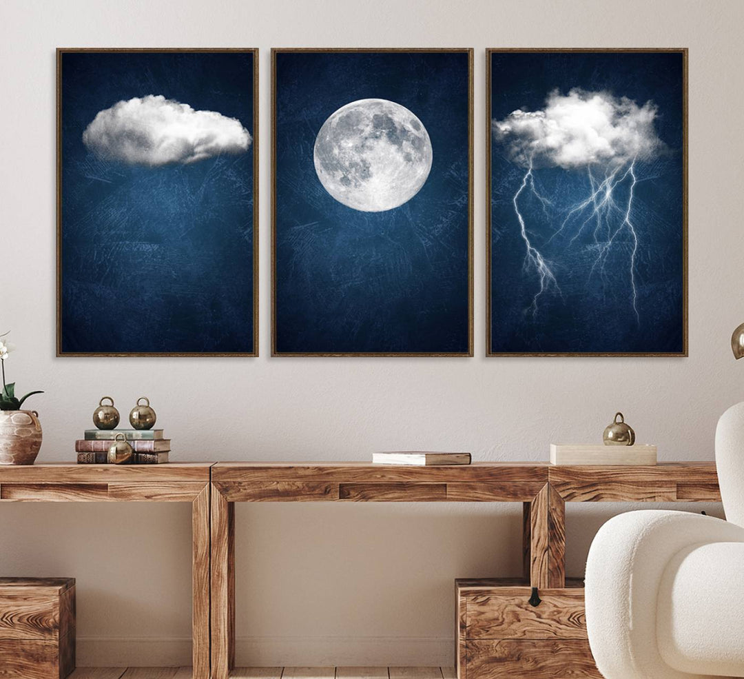 Dark Blue Cloud Art featuring a surreal moon and thunderstorm on a dark background.