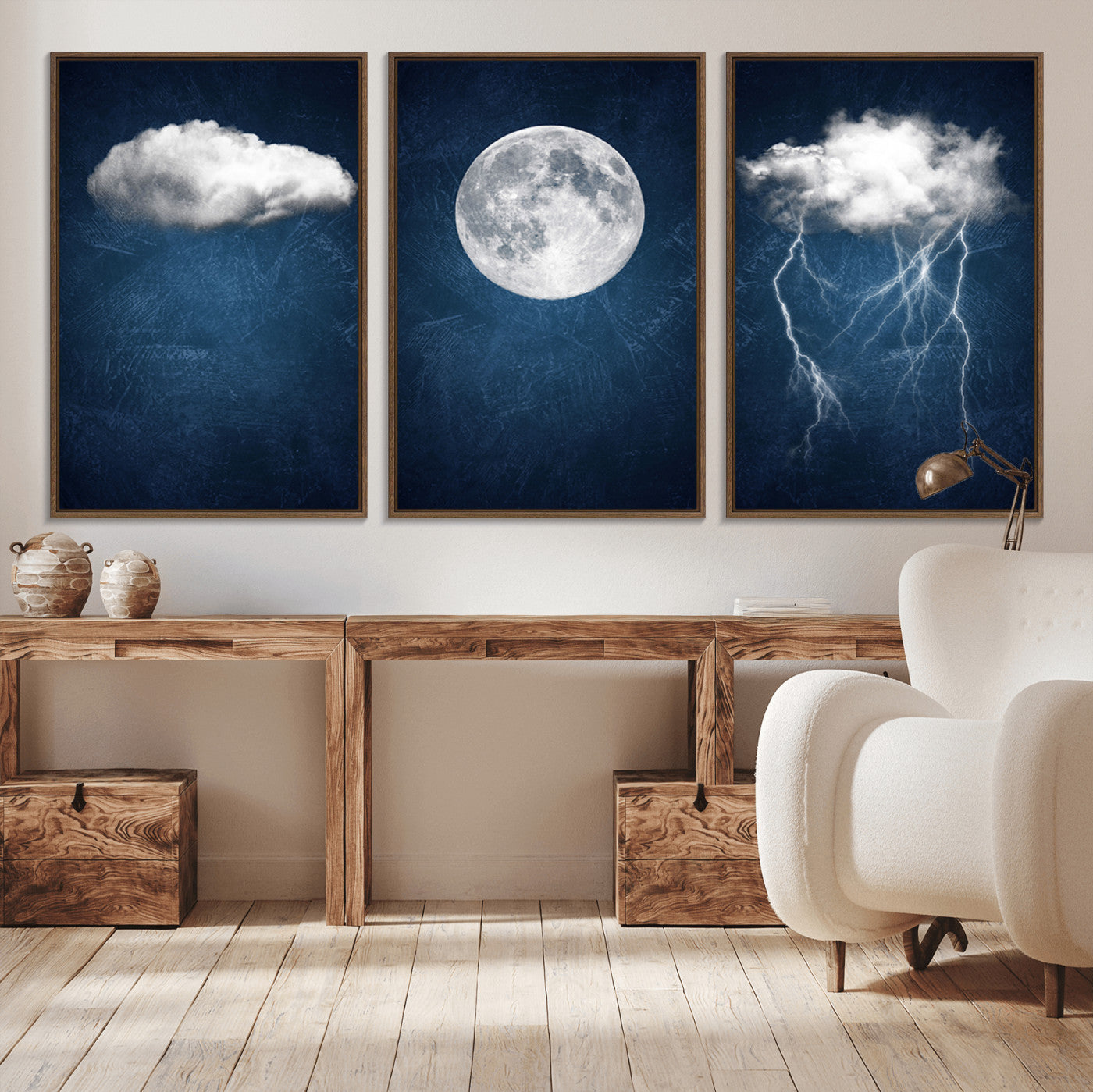 -Dark Blue Cloud Art, 3 Piece Indigo Blue Wall Art, Aesthetic Surreal Art, Thunderstorm Moon Cloud