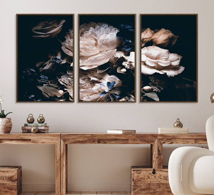 A large canvas art print of pink peonies flowers adds a vibrant touch to the space.