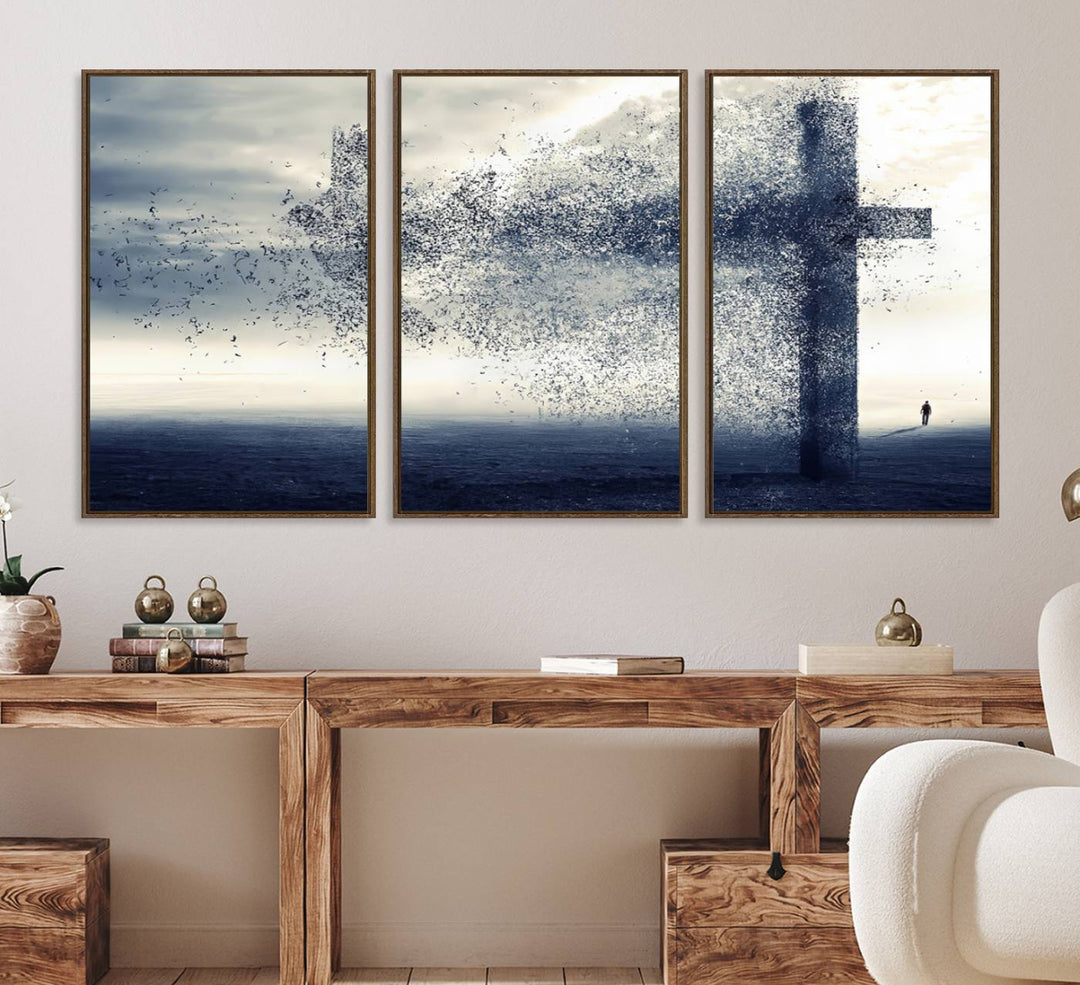 The Jesus and the Fading Cross wall art portrays a moody landscape.