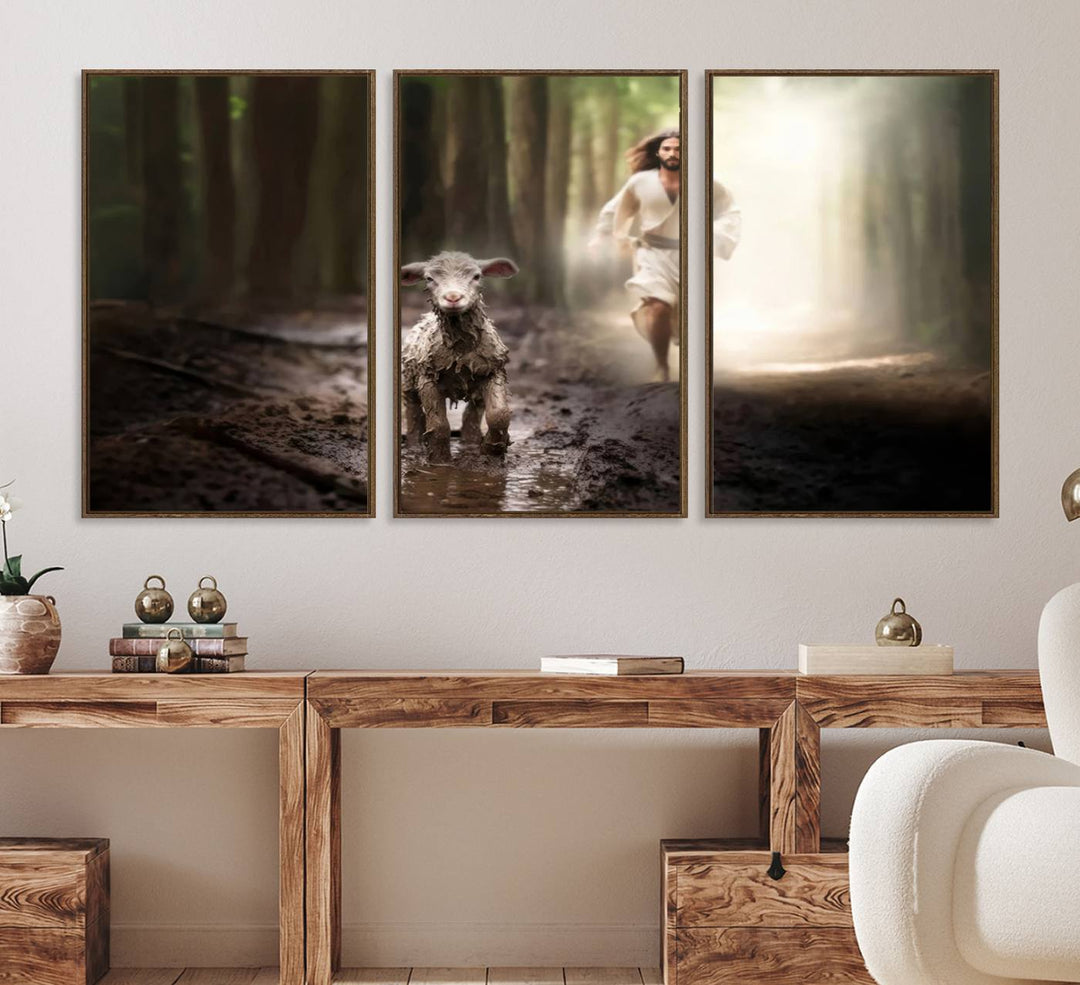 The Jesus Running After Lost Lamb canvas wall art adds a touch of spiritual significance.