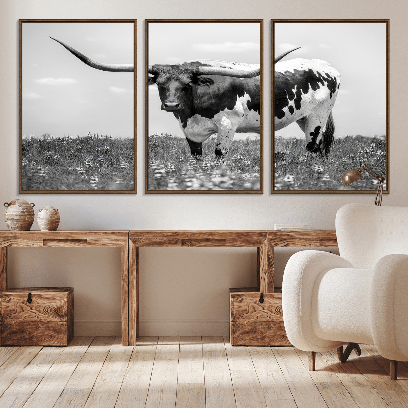 94709-MGV-CV-36X24-Texas Black White Highland Longhorn Cow Wall Art Canvas Print