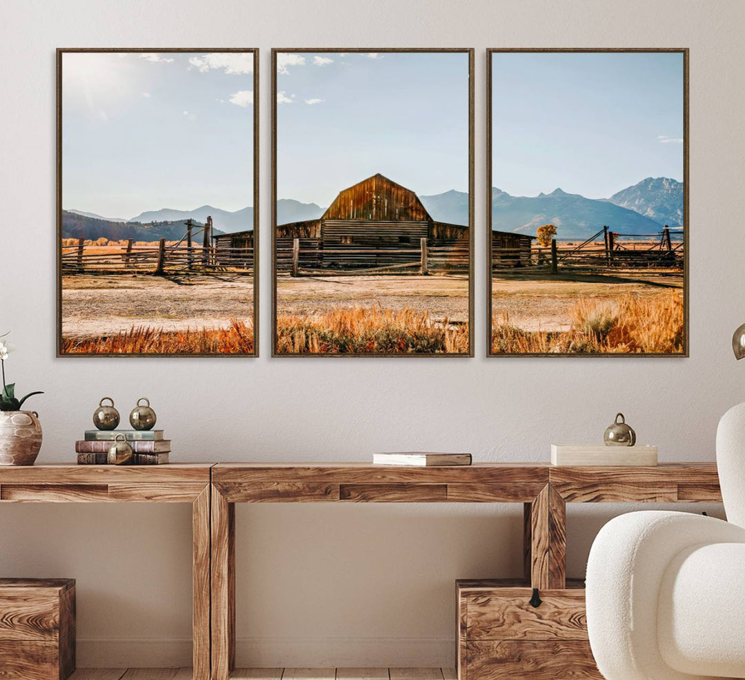 Dining area showcasing a Vintage Old Barn Field Canvas Print, highlighting farmhouse decor tranquility.