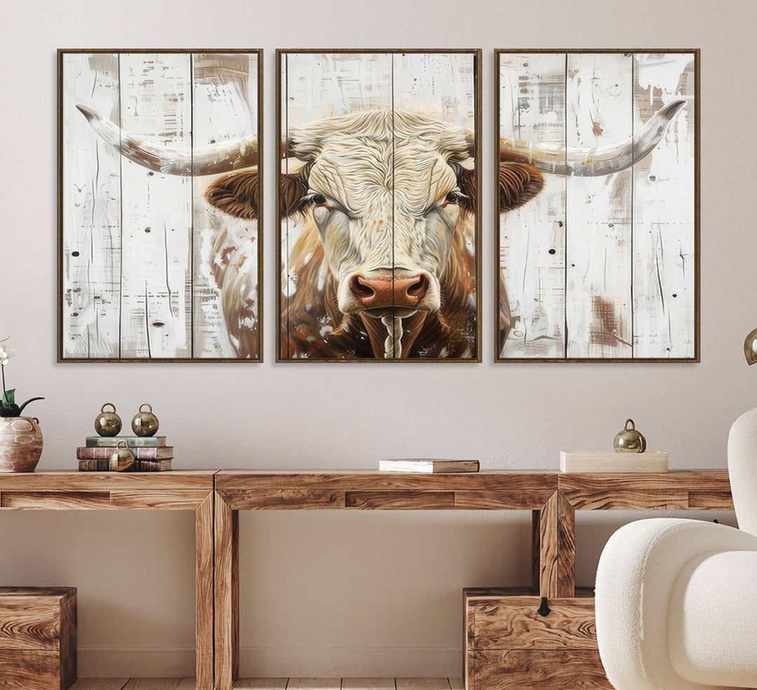 A Western-inspired Rustic Longhorn Bull Wall Art Canvas Set.