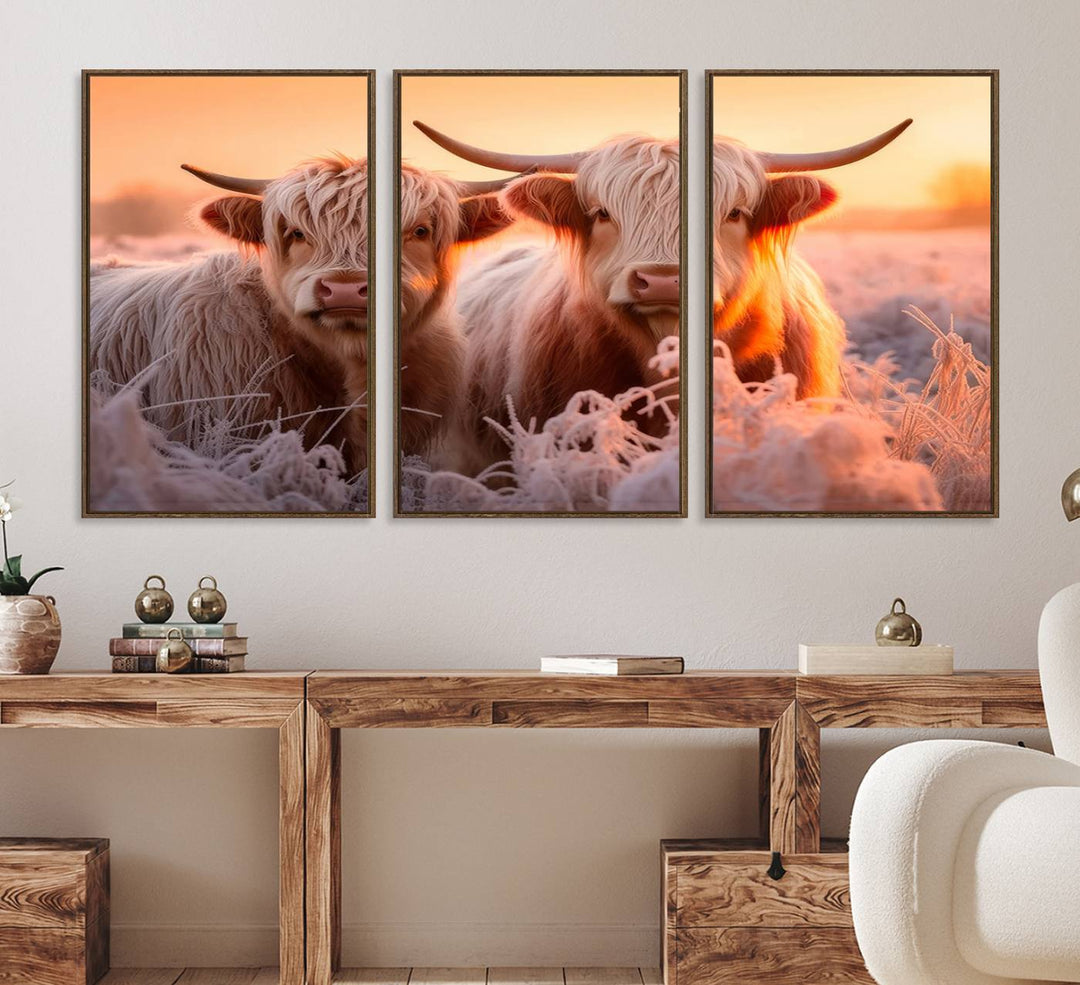 Highland Cows at Sunrise Wall Art adds serene rustic farmhouse charm.