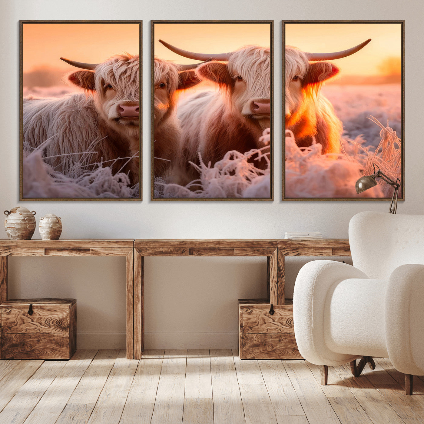 -Highland Cows at Sunrise Wall Art Canvas Set – Serene and Rustic Farmhouse Decor