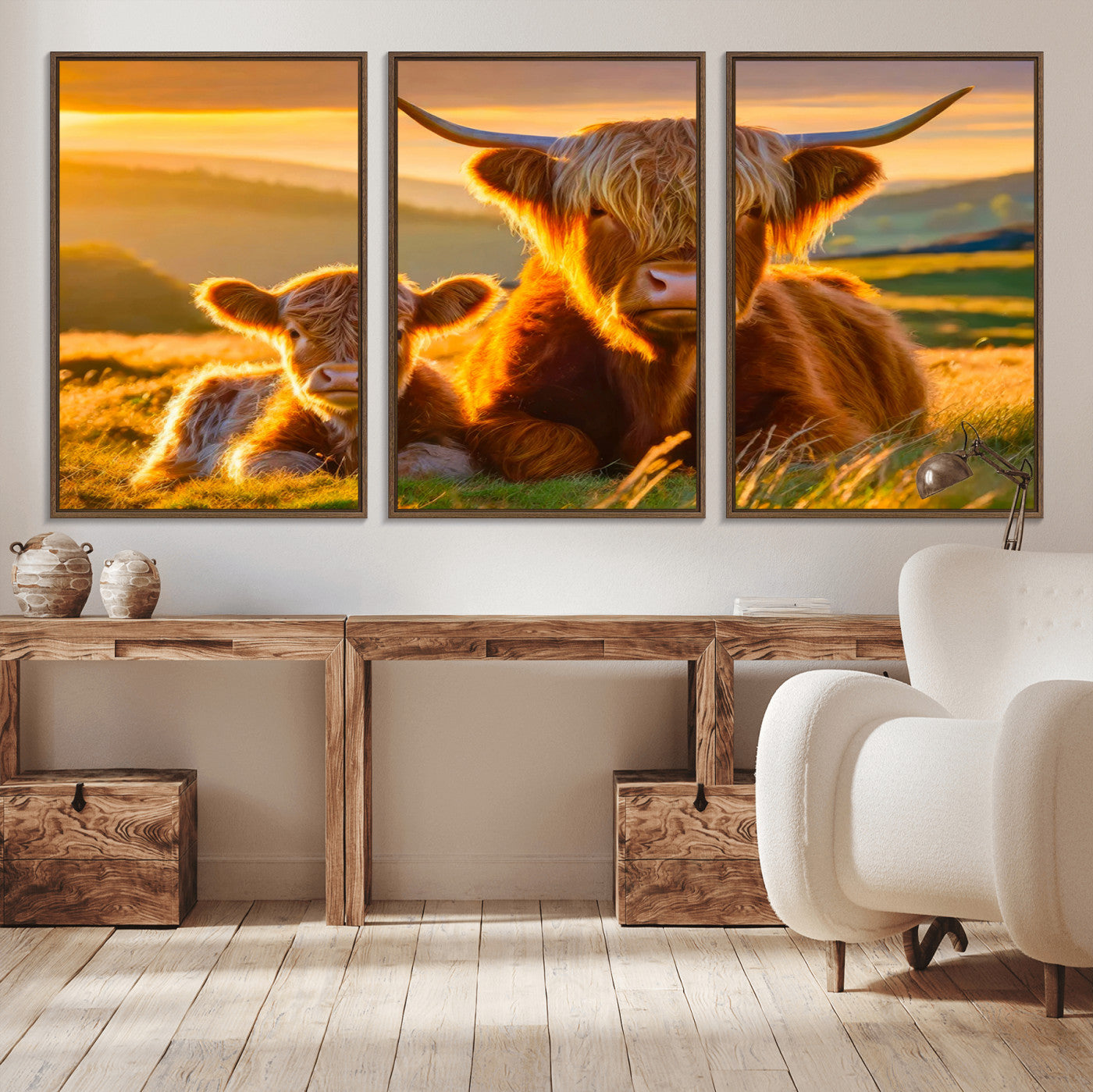 -Scottish Cow and Baby Cow Canvas Wall Art Animal Print Fluffy Cattle Framed Farmhouse Decor