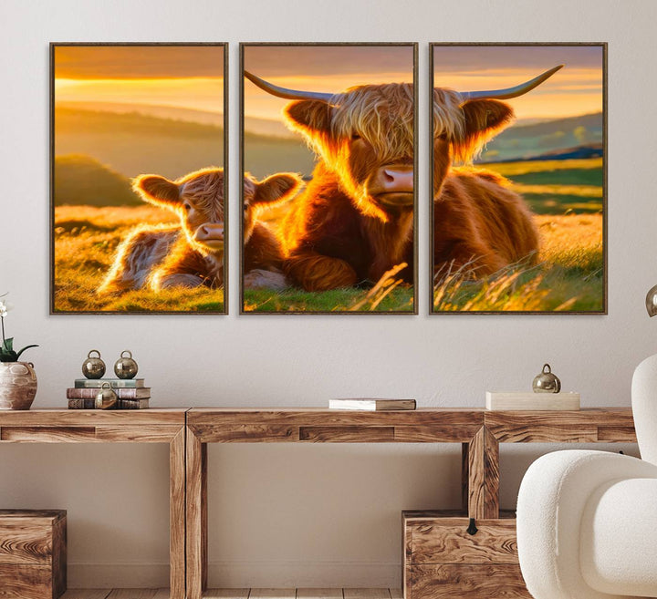 The Scottish Cow and Baby Cow Canvas Wall Art captures sunset fields.