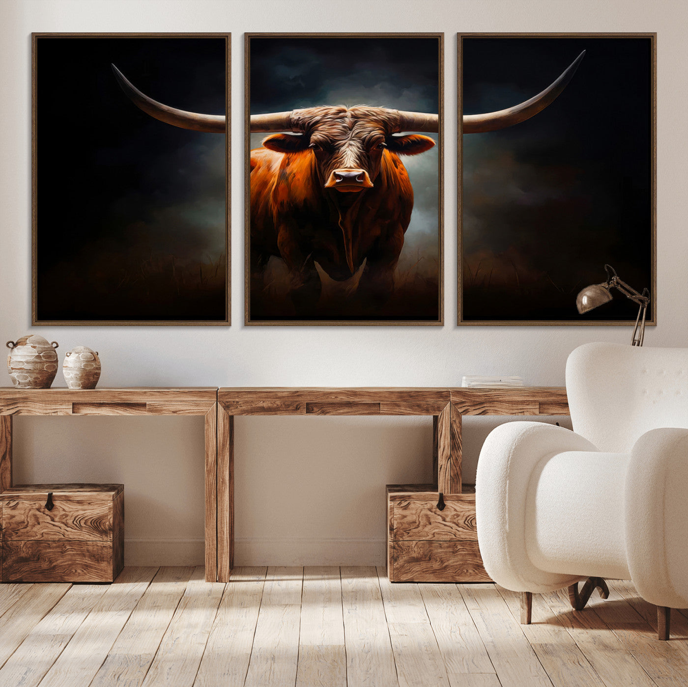 MGV-FC-60X30-3P - Abstract Texas Longhorn Wall Art Print | 3-Panel Large Texas Longhorn Canvas Print for Living Room,