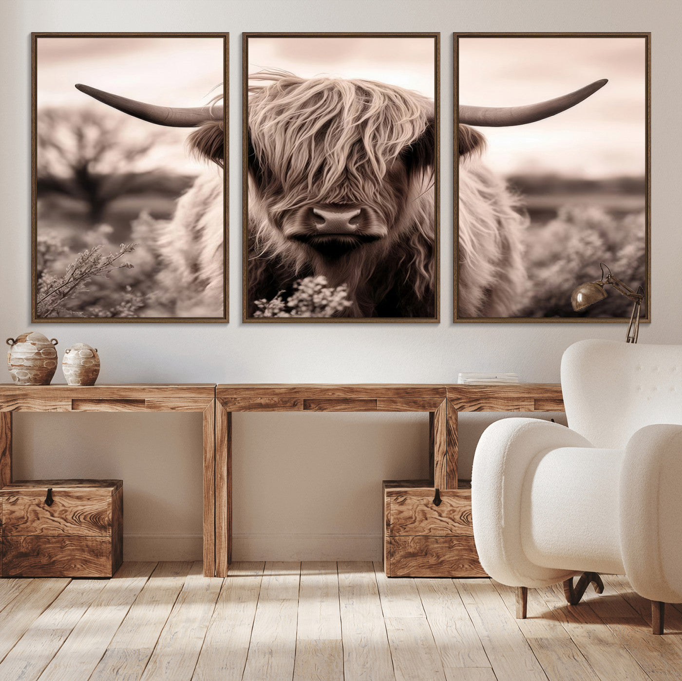MGV-FC-60X30-3P - Scottish Cow Longhorn Wall Art Canvas Print