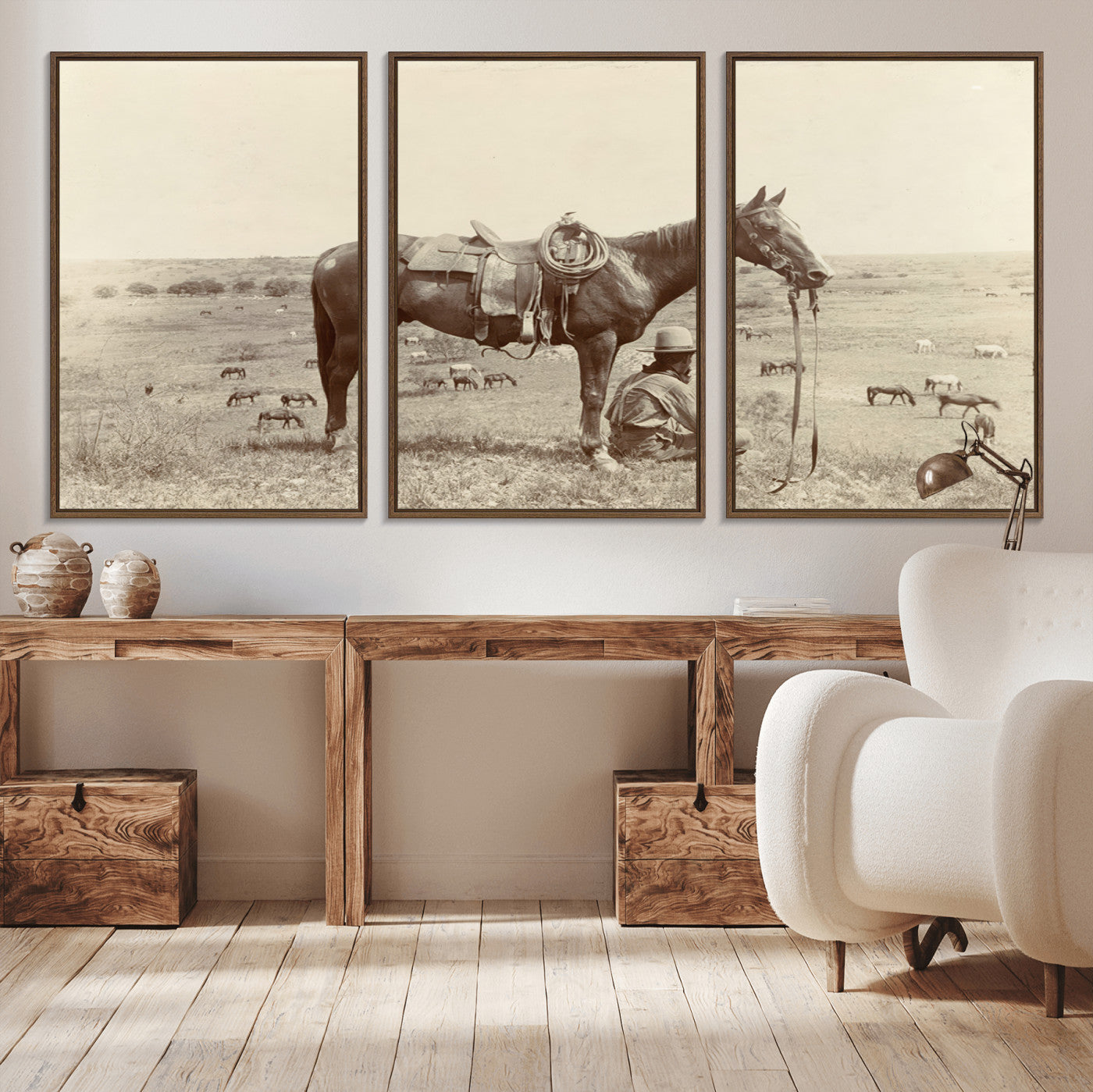 MGV-FC-60X30-3P - Cowboy Wall Art - Western Horse Canvas Print - Vintage Western Wall Art Canvas Print, Ready to Hang