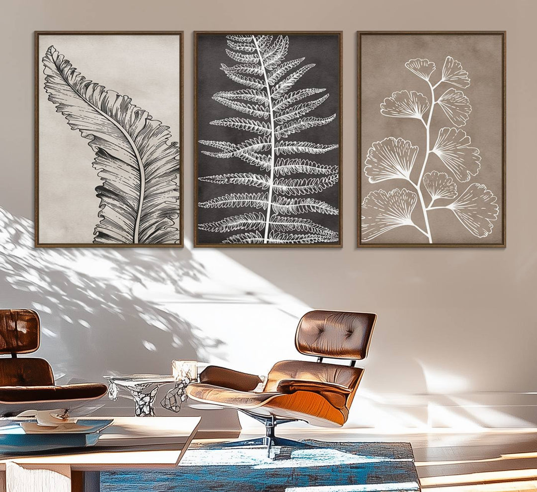 Three framed botanical wall art pieces are displayed in a bright room.