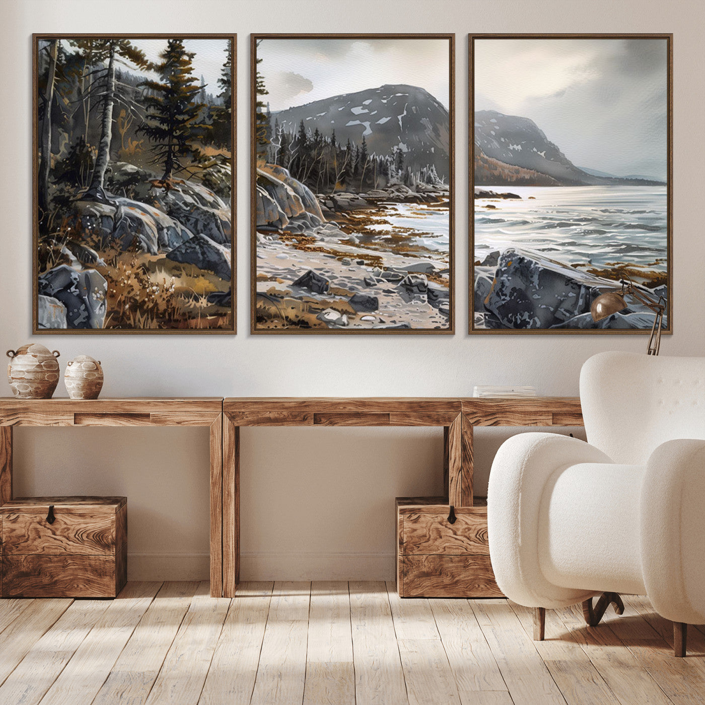 -Serene Coastal View of Acadia National Park - Stunning 3-Panel Wall Art Canvas Print, Framed, Ready