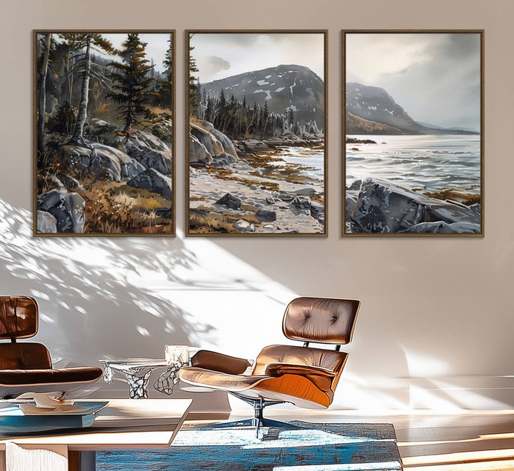 Framed wall art depicting Acadia National Parks rocky coast, trees, mountains, and sunlight over the sea; ready to hang.