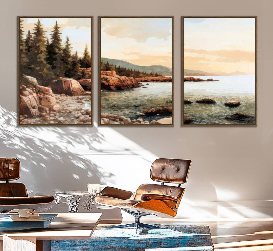 The Serene Coastal View of Acadia National Park 3-panel canvas, framed and ready to hang, adorns the wall.