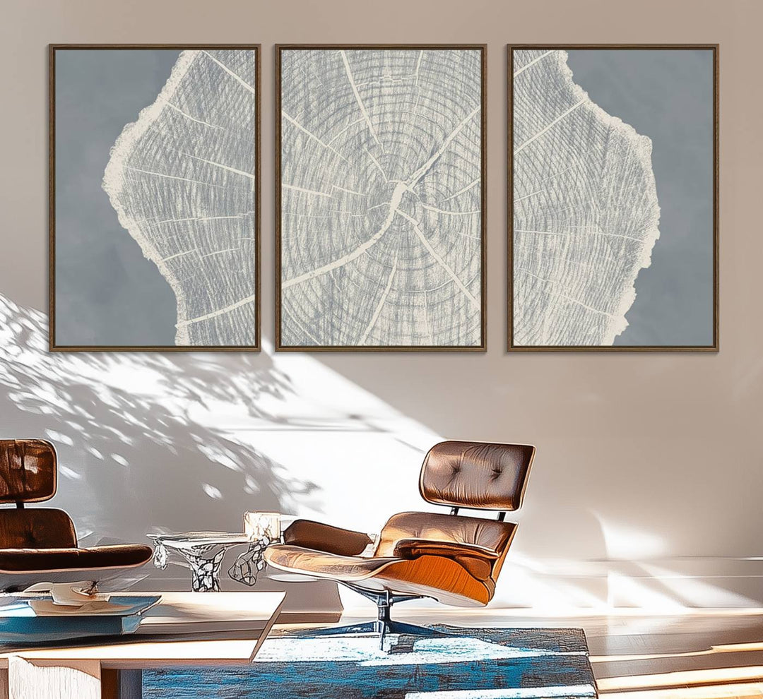 A gray wall displays the Abstract Tree Ring Wall Art print.