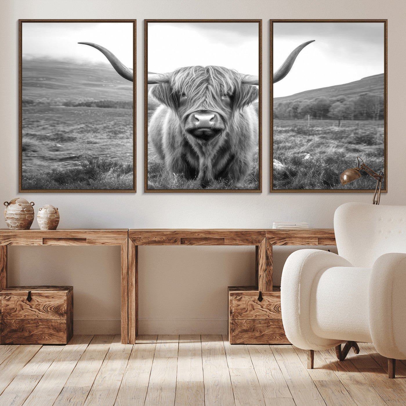 MGV-FC-60X30-3P - Black White Scottish Highland Cow Canvas Farm Wall Art Canvas Print
