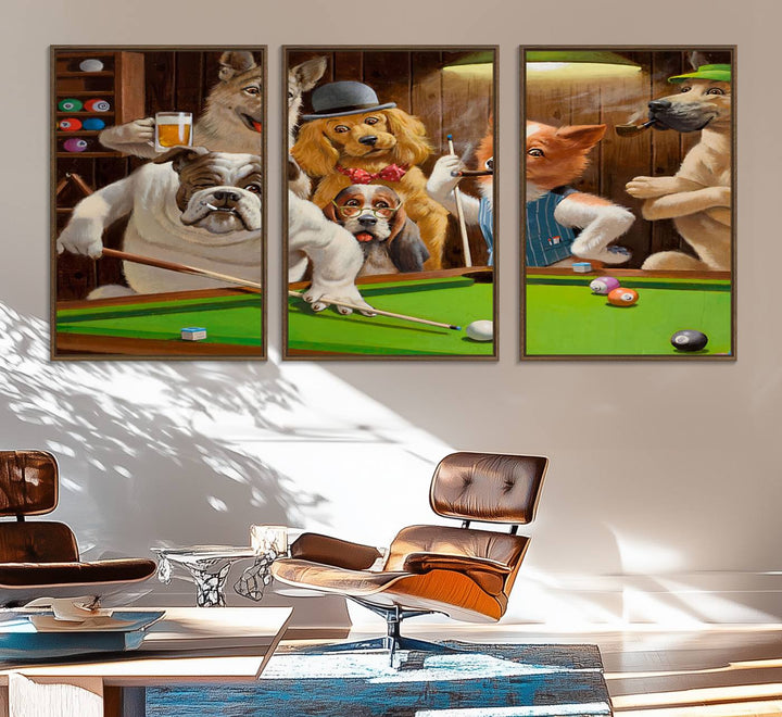 Dogs Playing Pool Canvas Wall Art: This artwork depicts a room where dogs are engaged in a game of pool. One dog is poised to cue while others observe the scene.