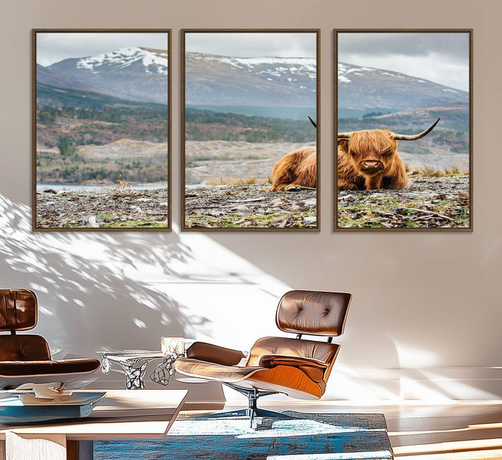 Highland Cow Horn Farm Wall Art Canvas Print is displayed against a wooden wall featuring a mountainous backdrop.