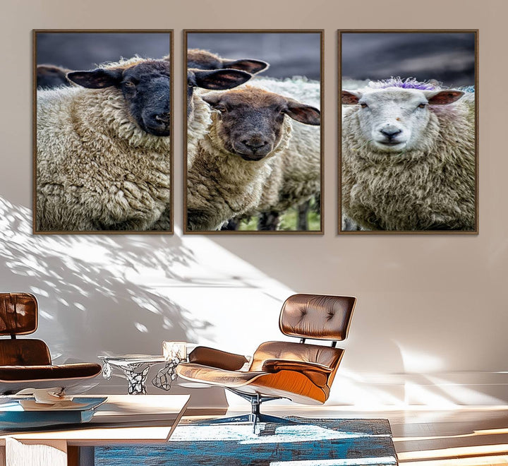 The Charming Sheep Portrait Wall Art hangs on a wooden wall.