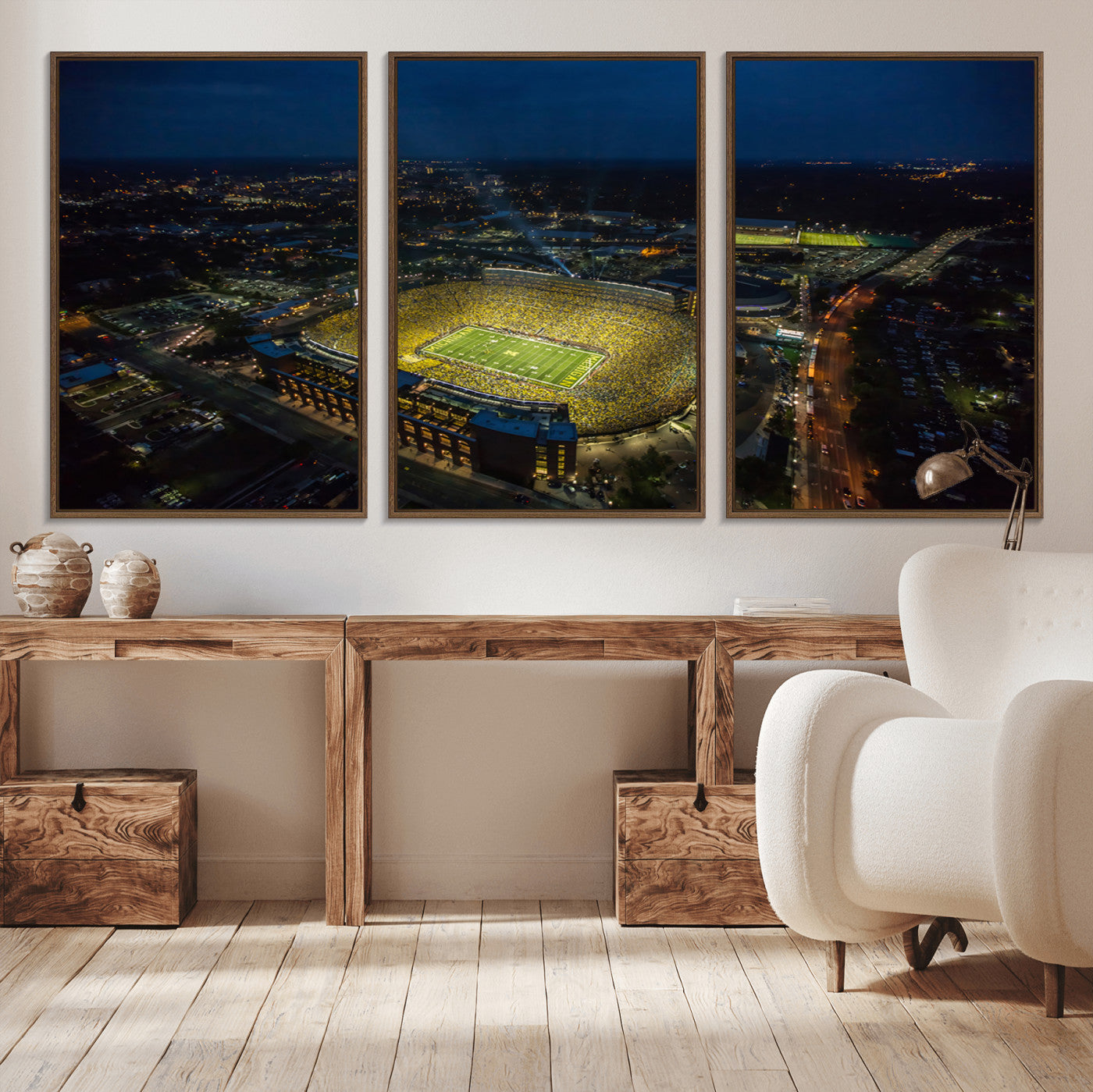 33588-MGV-CV-36X24-Michigan Stadium Night Game Wall Art – Sports Arena Aerial View Canvas Print, Framed, Ready to Hang