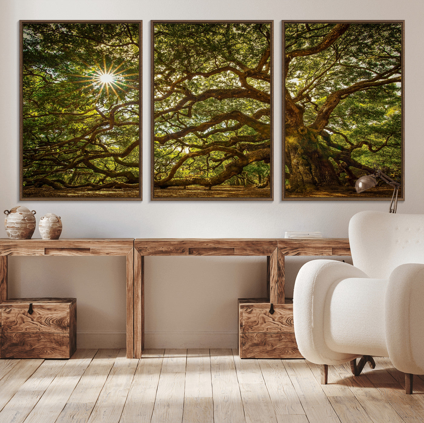 MGV-FC-60X30-3P - Ancient Angel Oak Tree Art Sunburst Canvas Print- Nature-Inspired Triptych Canvas Print, Framed,