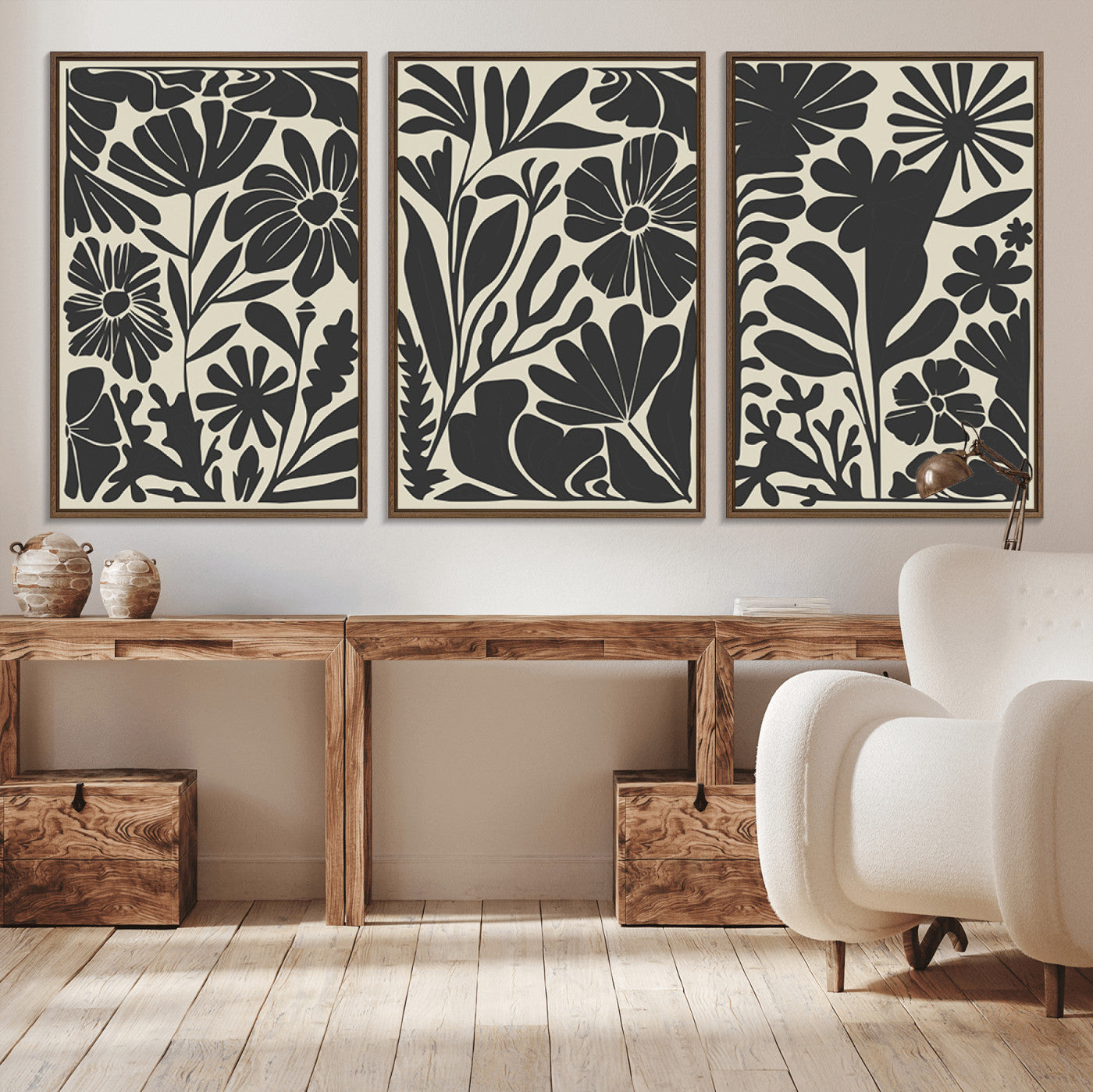 MGV-FC-60X30-3P - Modern Botanical Wall Art - Floral Black and White Canvas Print, Framed, Ready to Hang