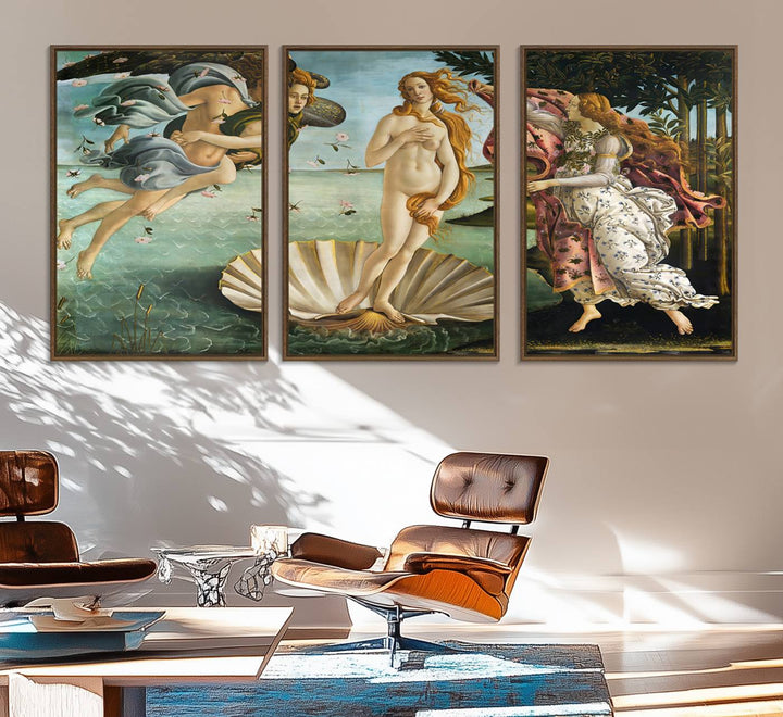 A canvas print of Botticellis The Birth of Venus is displayed on the wall.