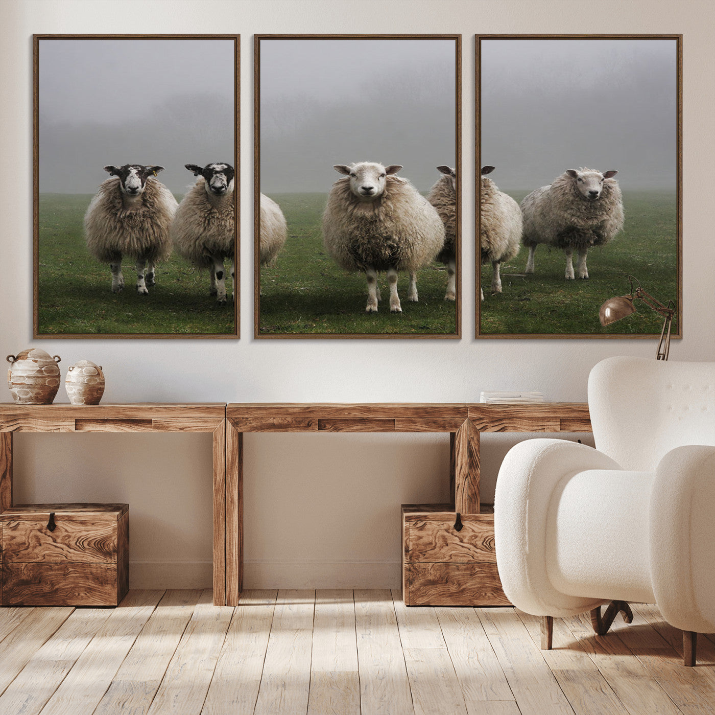 87339-MGV-FC-60X30-3P_Walnut-Flock of Sheep in a Mystical Fog – Pastoral Wall Art Canvas Print, Framed, Ready to Hang