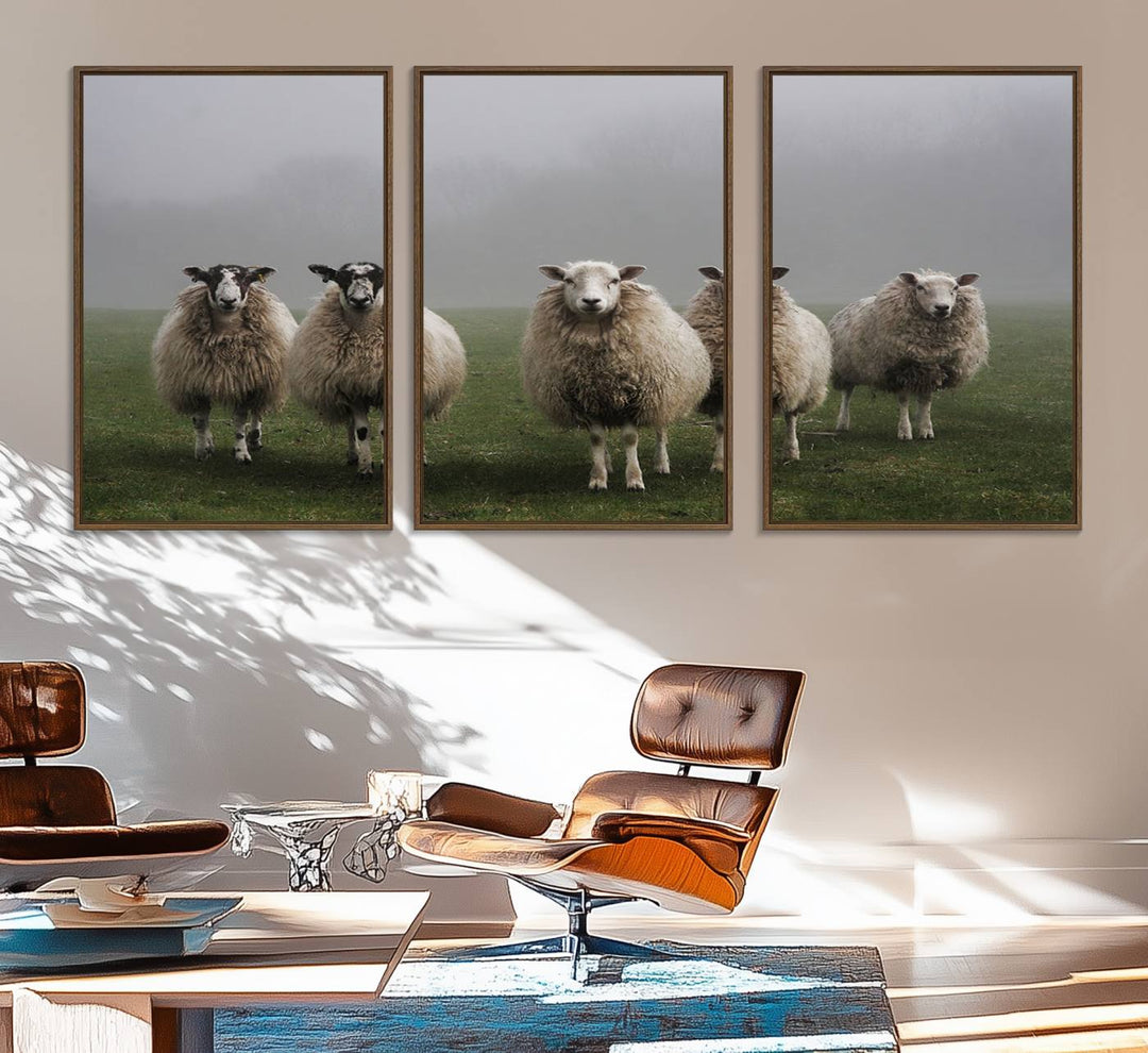 The Flock of Sheep in a Mystical Fog canvas print is framed and ready to hang.