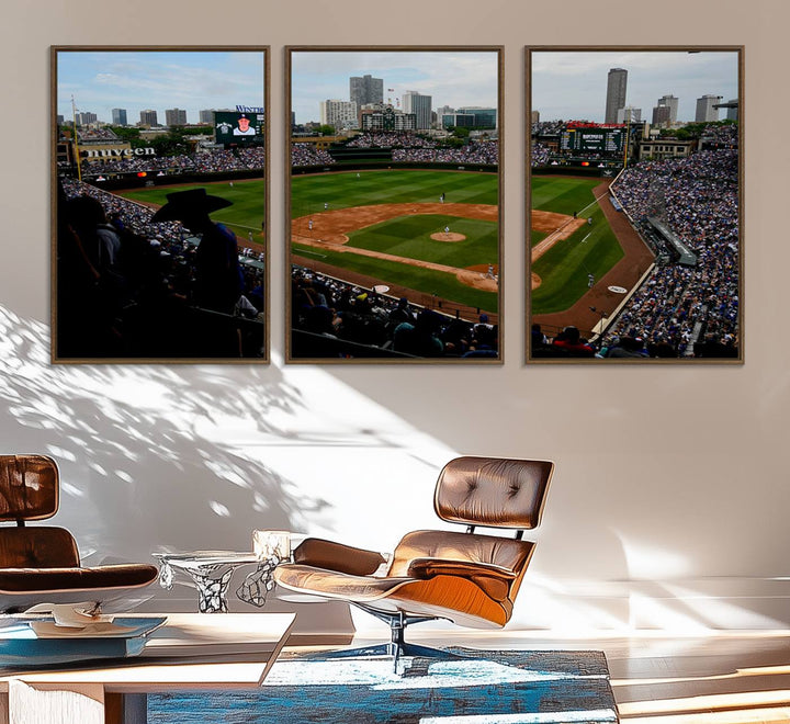 Admire this museum-quality canvas print of a Chicago Cubs game with a cityscape view from the stands at Wrigley Field.