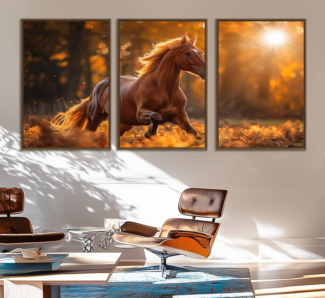 The Running Horse Sunset Forest Wall Art Canvas Print showcases a gallop in an autumn forest with sunlight streaming through the trees.