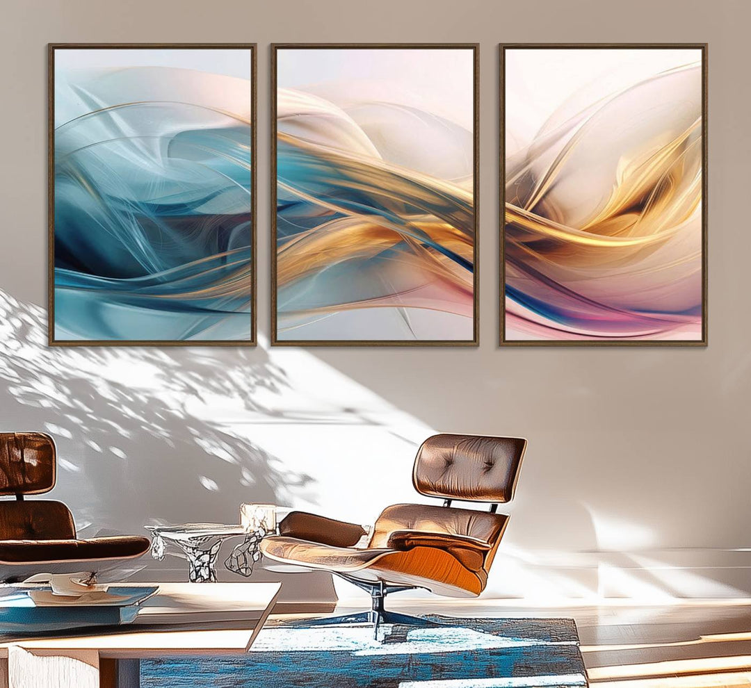 Abstract Flowing Colors Wall Art featuring blue, gold, and pink adds modern elegance to the space.