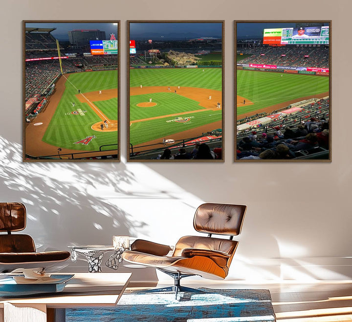 The Angel Stadium Aerial View canvas print of an Angels baseball game is showcased.