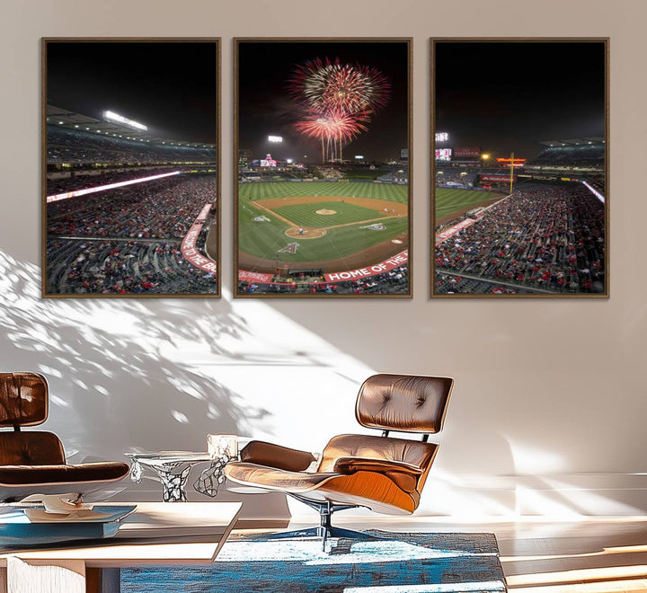 Fireworks at Angel Stadium – LA Angels Night Game Canvas Print, framed and ready to hang.