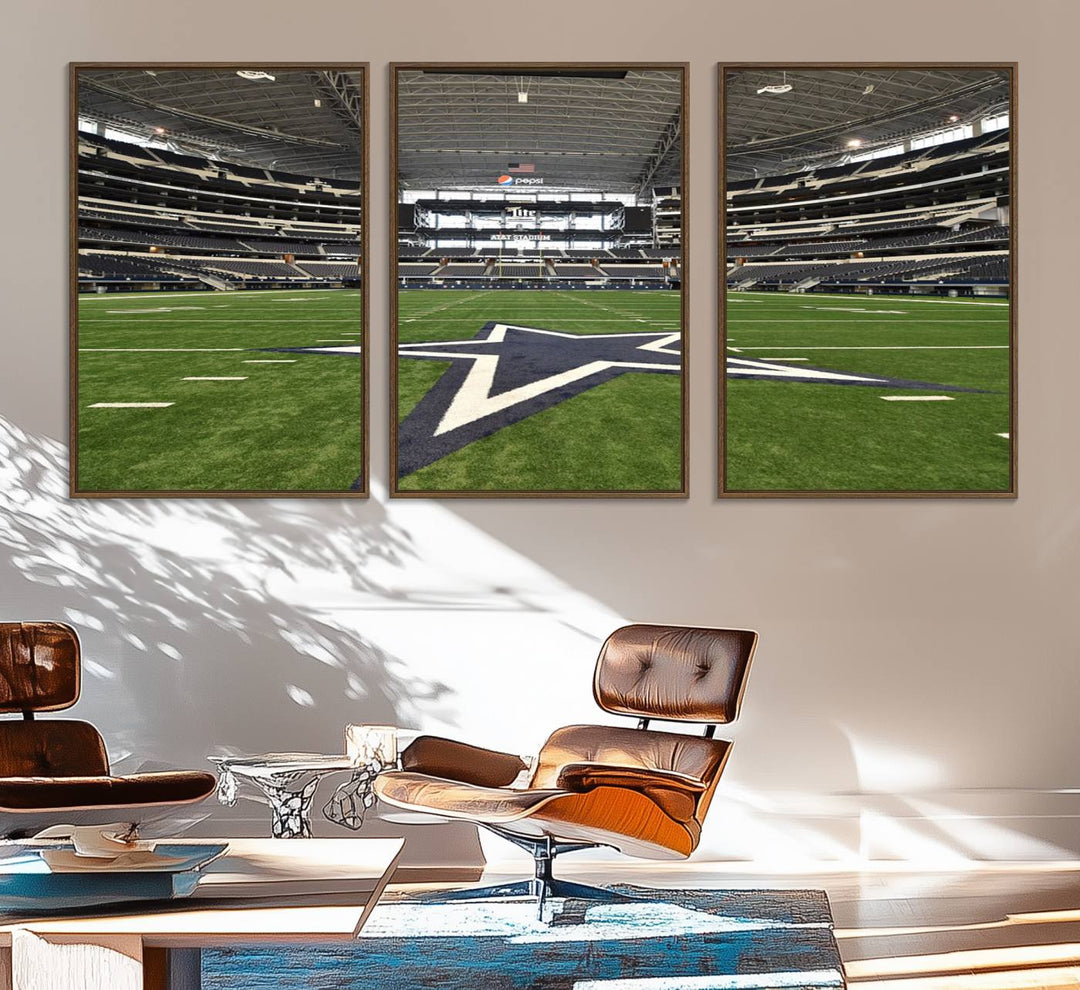 AT&T Stadium Dallas Cowboys Canvas Print displayed above a dining table.