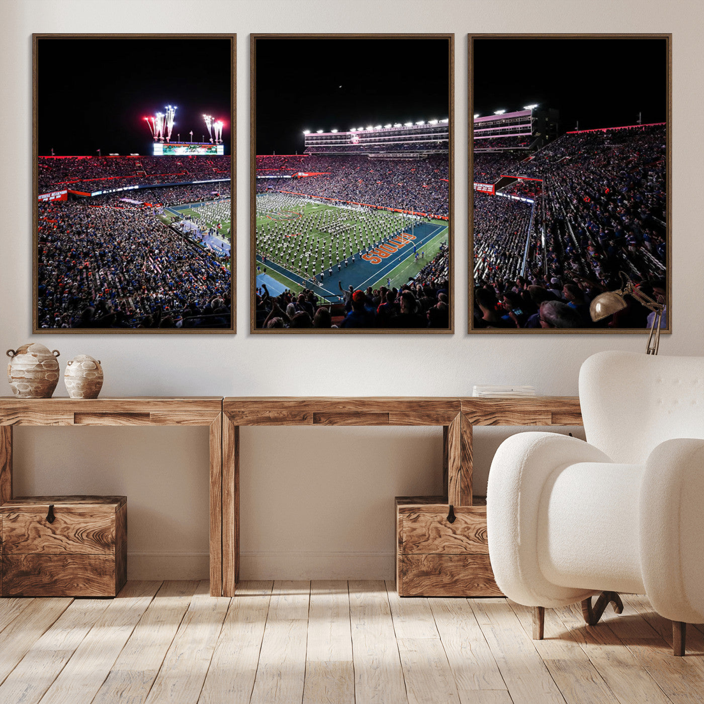 MGV-FC-60X30-3P - Ben Hill Griffin Stadium Night Game Triple Canvas Wall Art - Florida Gators Football Match