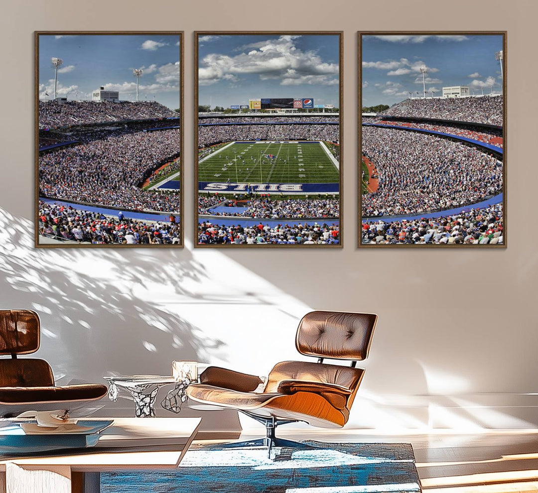 Our Buffalo Bills Game Day Canvas captures a vibrant scene at Highmark Stadium, with a lively crowd under a partly cloudy sky.