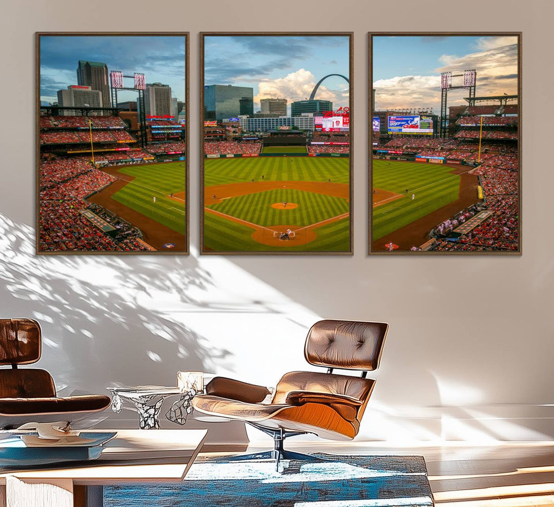 A Busch Stadium canvas print featuring a cityscape, ideal for enhancing living room or man cave sports decor.