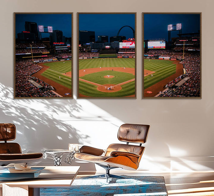 A St. Louis Cardinals Baseball Team print of Busch Stadium at night adorns the wall.