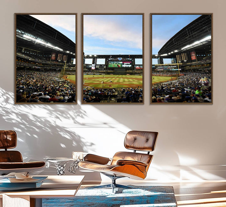 The wall art is an Arizona Diamondbacks Baseball Print depicting a packed Chase Field Stadium under a clear blue sky.